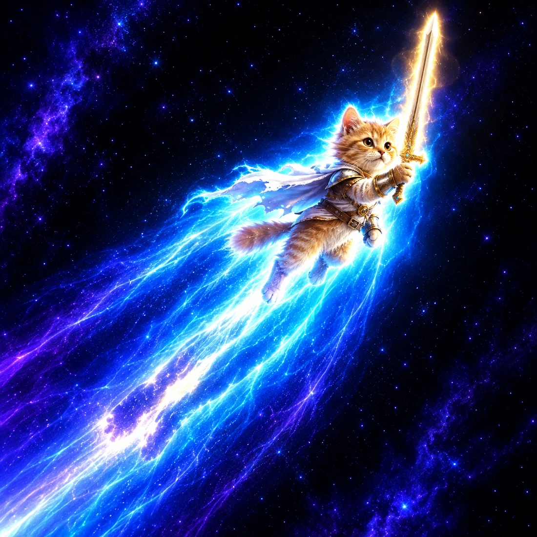 Orange kitten flying through space while holding a glowing sword
